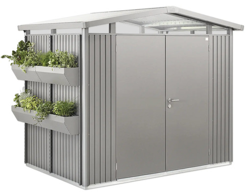 Kovový záhradný domček s kvetináčmi a dvojkrídlovými dverami