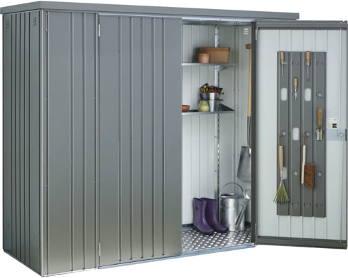 Kovová záhradná skriňa s policami a náradím
