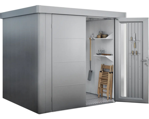 Kovová záhradná skriňa s posuvnými dverami a policami
