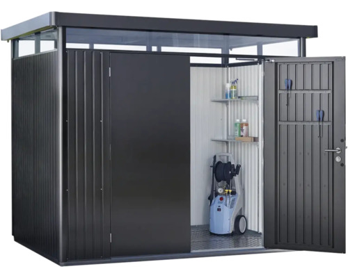Kovový záhradný domček s posuvnými dverami a policami na uloženie záhradného náradia