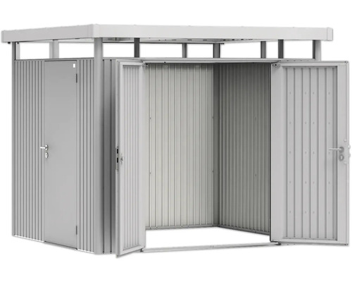 Kovová záhradná búda s dvomi dverami, z ktorých jedny sú zatvorené