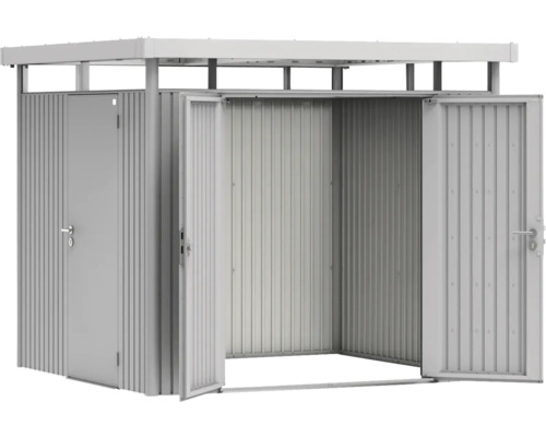 Kovový záhradný domček so strechou a dvojkrídlovými dverami