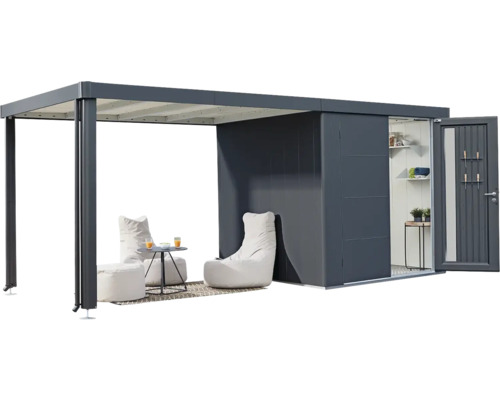 Moderný záhradný domček s otvorenou pavilónovou časťou a úložným priestorom