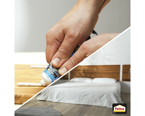 Aplikácia montážneho lepidla a spálňa s posteľou a dreveným čelom.