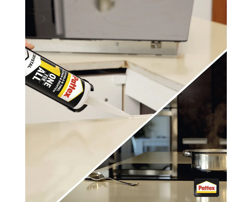 Aplikácia transparentného montážneho lepidla v kuchyni, logo Pattex