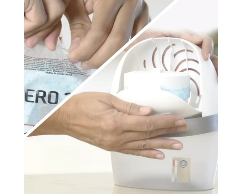 Pár rúk otvára balenie náhradných tabliet do odvlhčovača vzduchu AERO 360 a vkladá tabletu do prístroja.