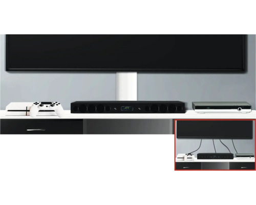 Moderná obývacia izba s televízorom, hernou konzolou, zvukovým systémom a Blu-ray prehrávačom na štýlovej mediálnej skrinke.