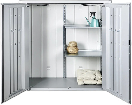 Otvorená skriňa na náradie s policami, kanvou, košíkmi a vankúšmi