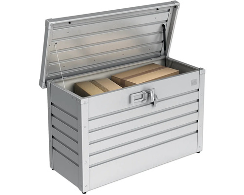 Otvorený kovový úložný box s dvoma kartónovými krabicami vo vnútri