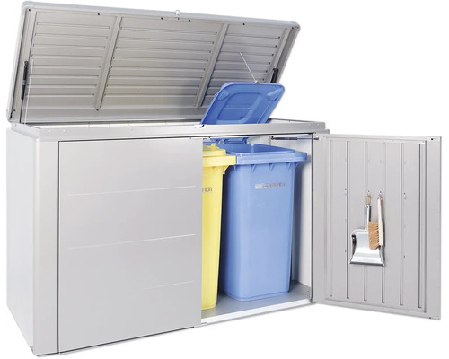 Box na odpadkové koše s dvoma odpadkovými košmi a záhradným náradím