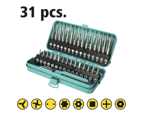 Sada 31 skrutkovacích bitov v otvorenej krabičke