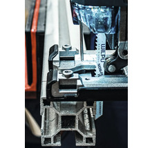 Detailný pohľad na priamočiaru pílu reznúcu kovový profil.