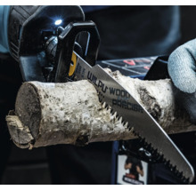 Detailný pohľad na chvostovú pílu reznúcu kus dreva.