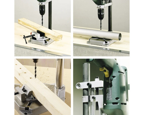 Rôzne pohľady na vŕtačku so stojanom pri práci s drevom a kovom.