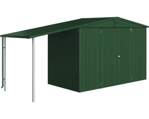 Záhradný domček na náradie s prístreškom pre ďalší vonkajší úložný priestor.