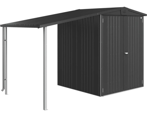 Kovový záhradný domček s markízou na uloženie záhradného náradia a nástrojov