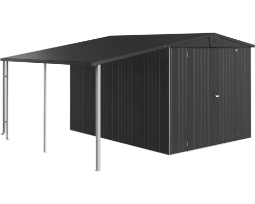 Kovový záhradný domček s prístreškom na uskladnenie záhradného náradia