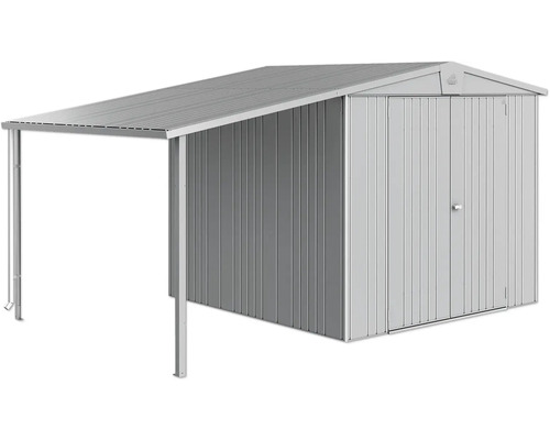 Kovový záhradný domček s prístavbou pre záhradné náradie a nástroje