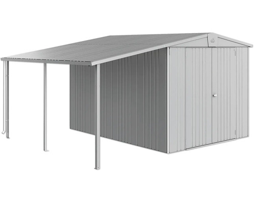 Kovový záhradný domček s prístreškom pre ďalší úložný priestor