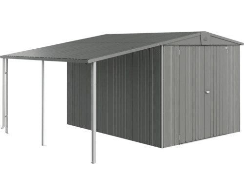 Kovový záhradný domček so strieškou pre ďalší úložný priestor