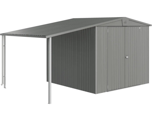 Kovová búda na náradie s markízou na záhradné náradie a nástroje