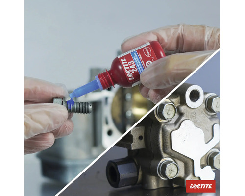 "Loctite prípravok na zaistenie skrutiek sa nanáša na skrutku, v pozadí stroj