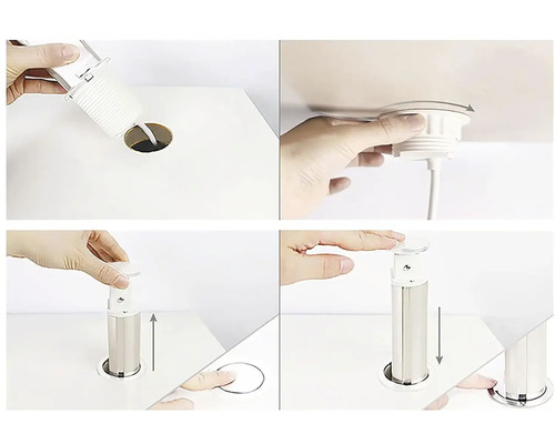 Ilustrácia inštalácie zaťahovacej zásuvky do dosky stola