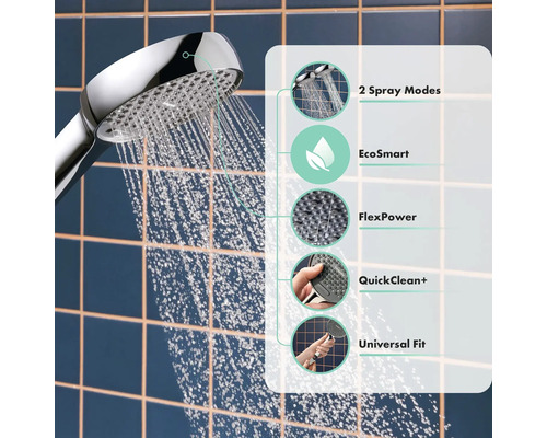 Sprchová hlavica s dvoma režimami prúdu, EcoSmart, FlexPower, QuickClean Plus a funkciou Universal Fit