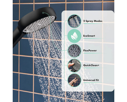 Sprchová hlavica s rôznymi typmi prúdu a funkciami, ako sú EcoSmart a QuickClean