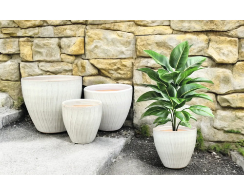 Skupina kvetináčov s ryhovaným povrchom a izbová rastlina pred kamennou stenou