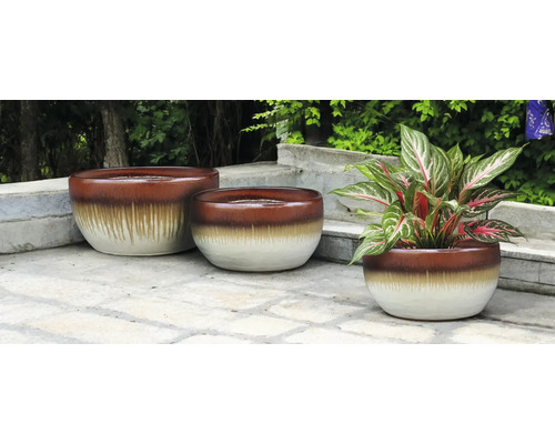 Tri keramické kvetináče na kamennej terase, jeden z nich s izbovou rastlinou.