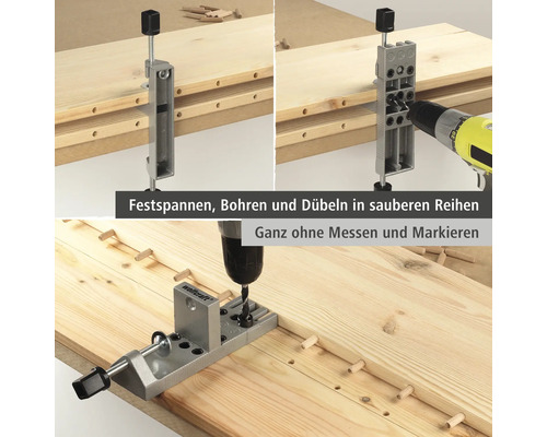 Prípravok na kolíkovanie s vŕtačkou na drevených doskách