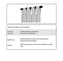 Technické údaje pre priesvitný dekoračný šál s funkciou slučky pre záclonové tyče.