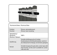 Technické údaje zatemňovacieho a tepelne izolačného závesu s funkciou pútka pre tyč a koľajnicu, zatemnenie 100 percent.
