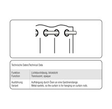 Technické údaje: Priesvitné, nepriehľadné. Zavesenie pomocou očiek na záclonovú tyč.