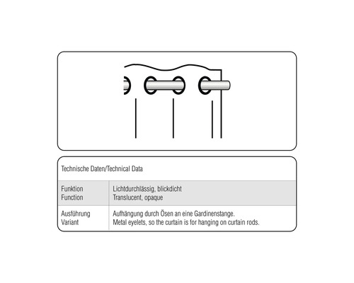 Technické údaje: Priesvitné, nepriehľadné. Zavesenie pomocou očiek na záclonovú tyč.