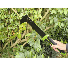 Osoba drží záhradnú mačetu pred zeleným živým plotom.