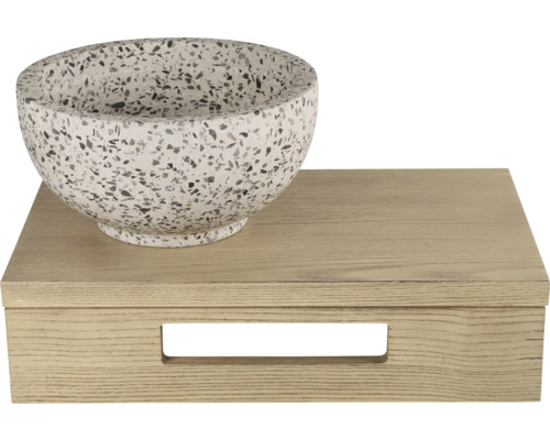 Misa s terazzovým vzorom na drevenej krabici