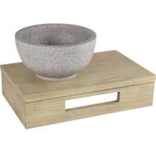 Sivá umývadlová misa z kameňa na drevenej spodnej skrinke