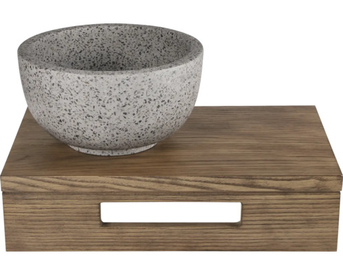 Dekoratívna kamenná misa na drevenej krabici