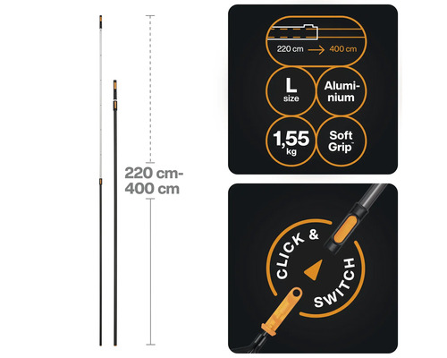 Teleskopická násada, dĺžka 220 až 400 centimetrov s mäkkým úchopom