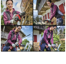 Koláž: Žena pracuje s akumulátorovou reťazovou pílou na konároch a dreve