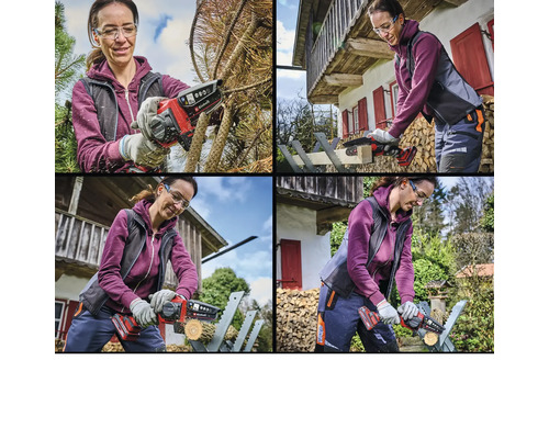 Koláž: Žena pracuje s akumulátorovou reťazovou pílou na konároch a dreve