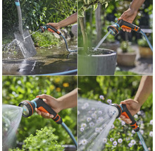 Koláž rôznych použití záhradnej striekacej pištole na čistenie a zavlažovanie