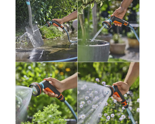 Koláž rôznych použití záhradnej striekacej pištole na čistenie a zavlažovanie
