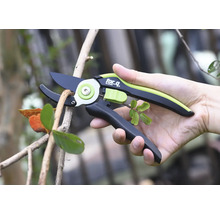 Osoba drží záhradné nožnice pri strihaní konára.