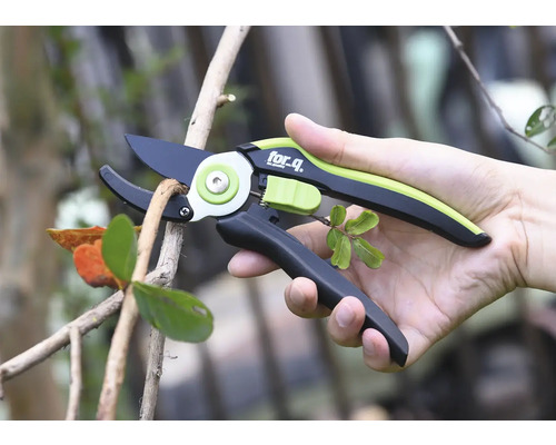 Osoba drží záhradné nožnice pri strihaní konára.