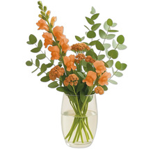 Kvetinové aranžmán so zívavcom a eukalyptom v sklenenej váze