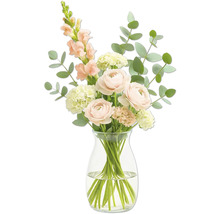 Kytica ruží a zelene v sklenenej váze