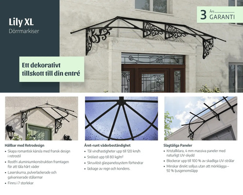 Dverová strieška Lily XL v retro štýle s čiernou hliníkovou konštrukciou a čírymi panelmi nad vchodovými dverami, vrátane trojročnej záruky.